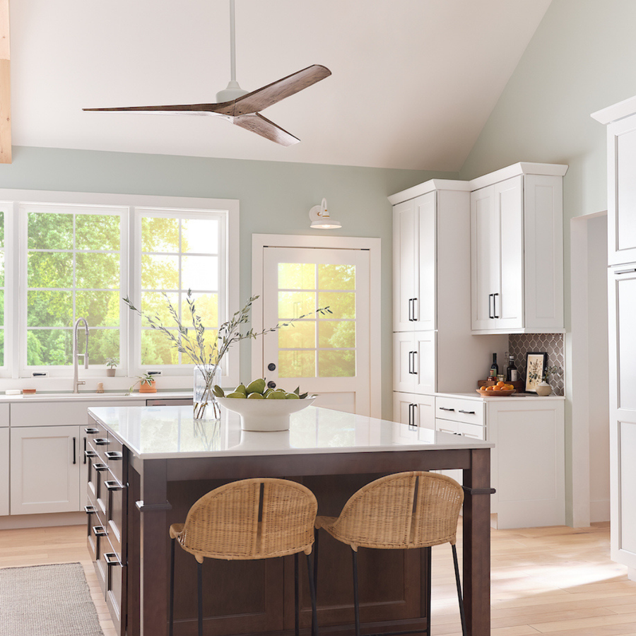 Chisel 3-Blade Ceiling Fan styled above a coastal kitchen island, paired with two counter stools.
