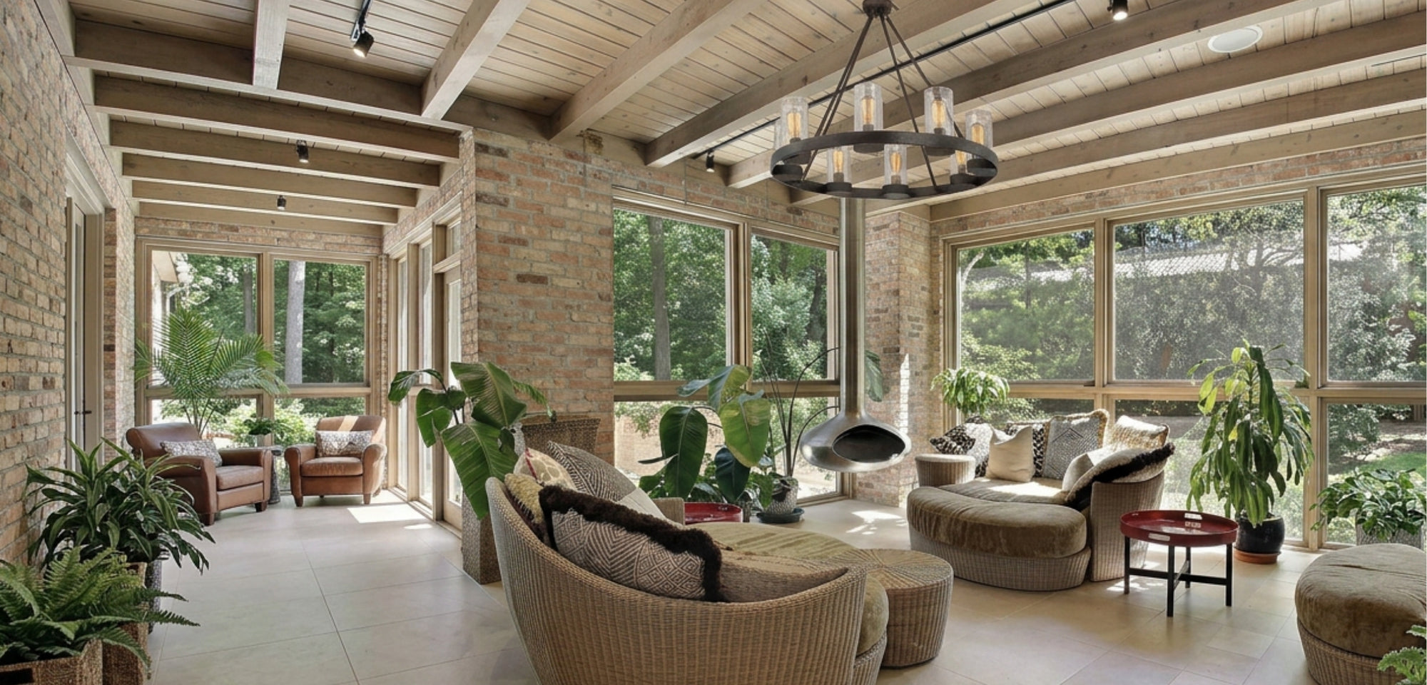 Inman 8-Light Outdoor Chandelier hanging in a bright sunroom, styled with comfortable outdoor furniture, lush greenery, and a cozy fireplace for an elegant indoor-outdoor living space.