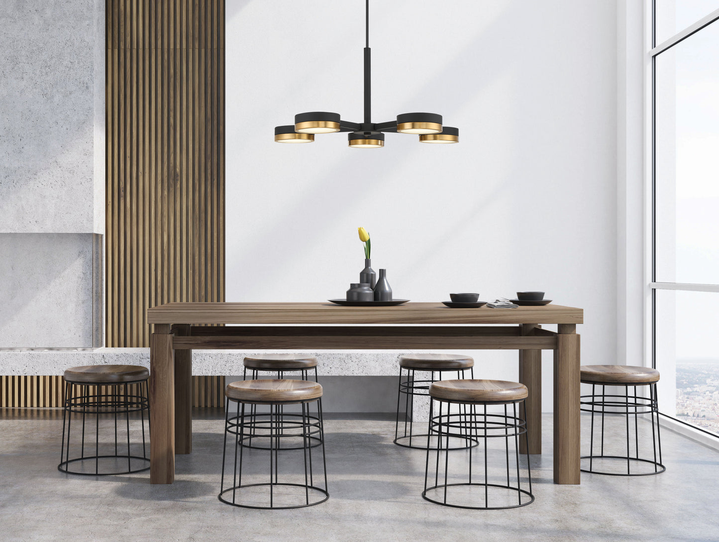 Ashor 5-Light LED Chandelier in Matte Black with Warm Brass Accents