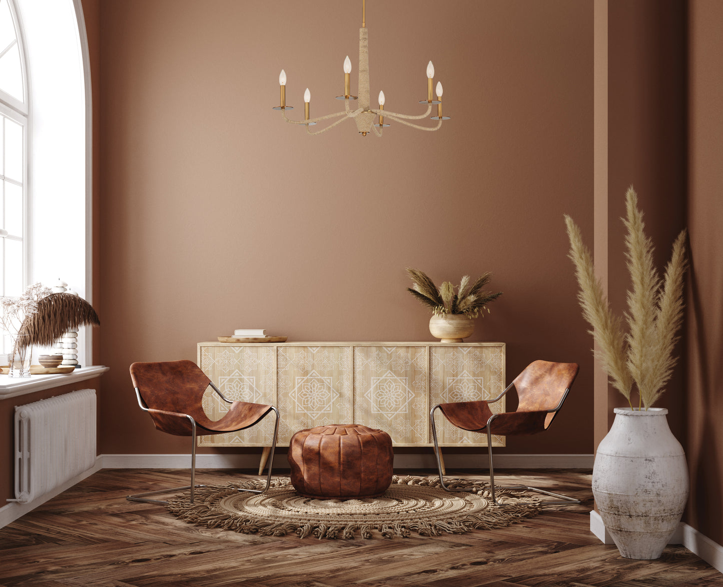 Cannon 6-Light Chandelier in Warm Brass and Rope