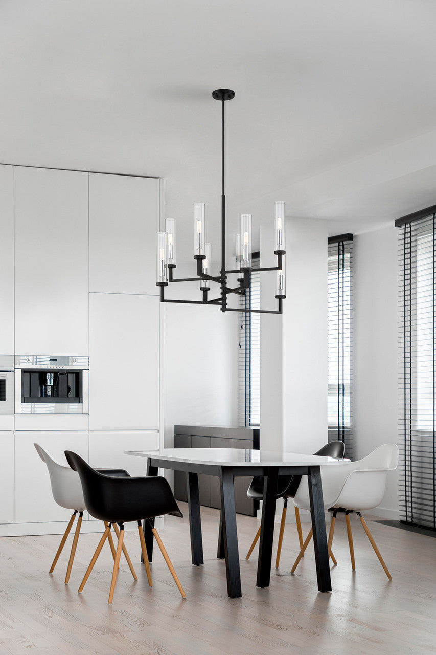 Folsom Chandelier, 8-Light, Matte Black with Polished Chrome Accents, Glass Shade, 28.38"W Savoy House (1-2139-8-67 1QWPE)