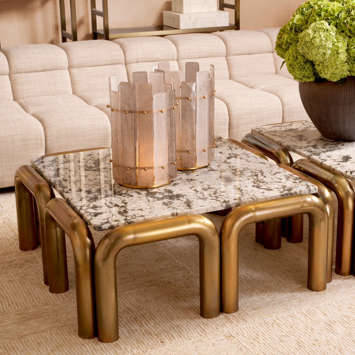 Eichholtz Sunwood Coffee Table, Vintage Brass, White Marble Top (118307)