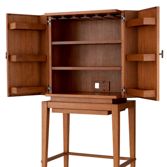 Eichholtz Borchard Bar Cabinet, Caramel Oak Veneer, Woven Rattan, Bronze (118633)