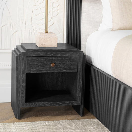 Eichholtz ArtDeco Nightstand, Charcoal Grey Oak Veneer, Bronze (120277)