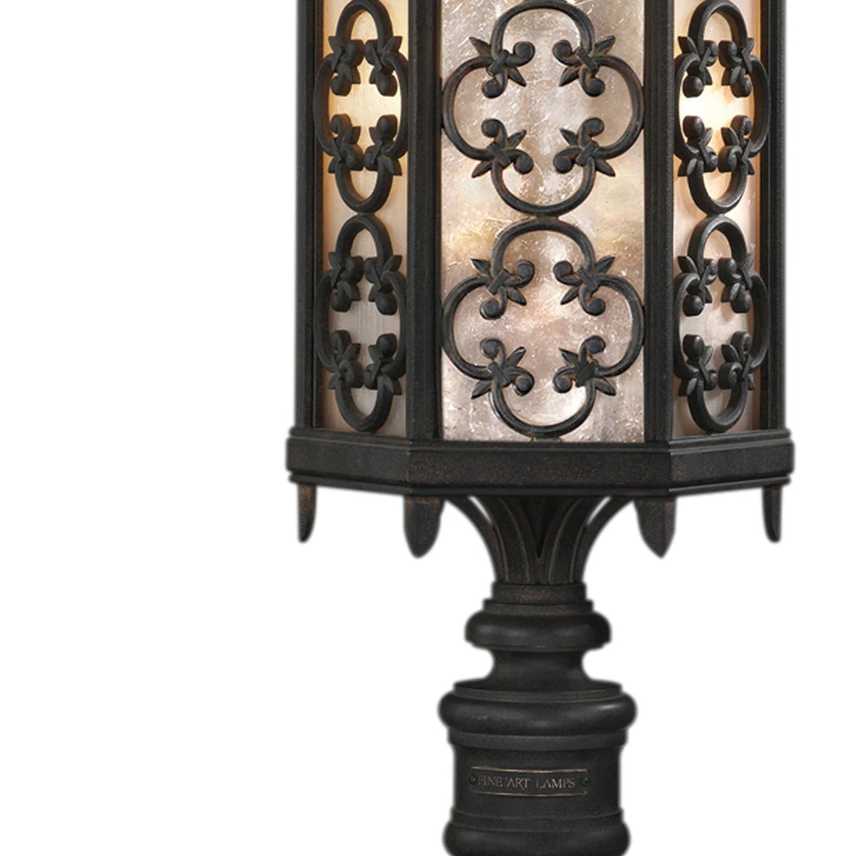 Costa del Sol Outdoor Post Mount, 3-Light, Marbella Wrought Iron, Iridescent Textured Glass, 29"H