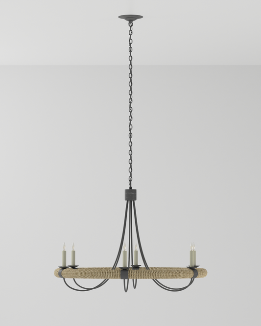 Shipwright Chandelier, 6-Light, French Black, Smokewood, Natural Abaca Rope, 38.5"W, Currey and Company (9000-0754 VHWW)