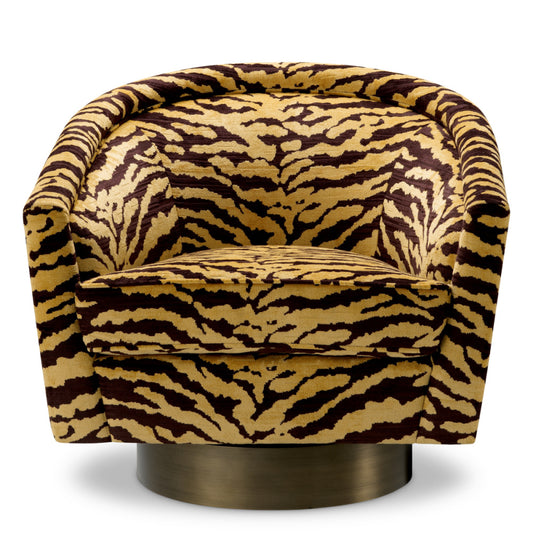 Eichholtz Catene Swivel Chair, Tigris Brown, Brushed Brass Swivel Base (A119426)