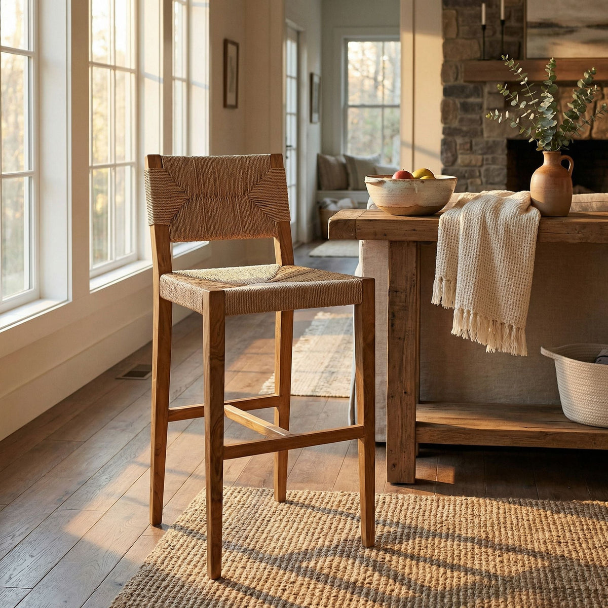 Noir Bran Counter Stool Natural styled in an interior setting