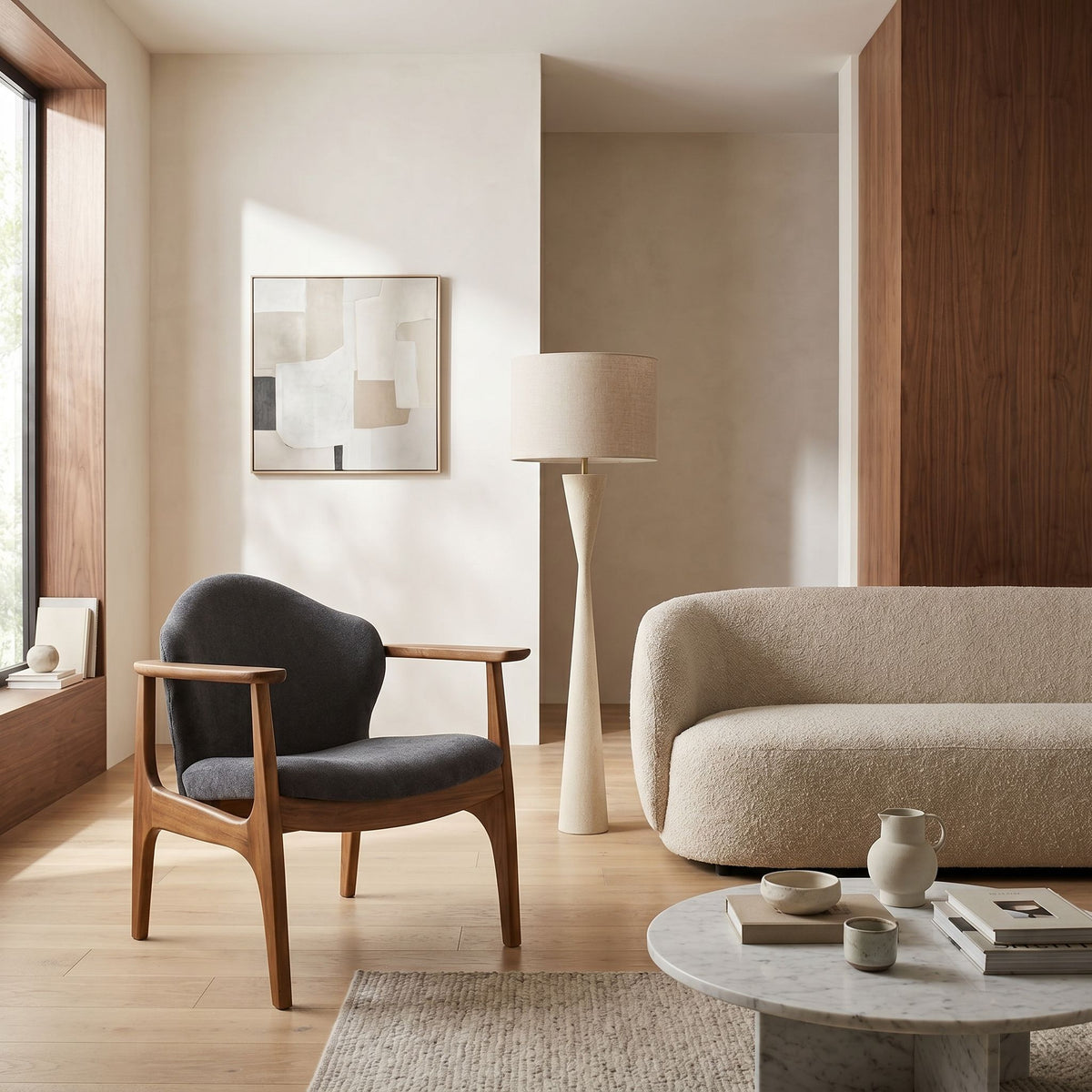 Noir Vittorio Lounge Chair Natural, Ocean Gray styled in an interior setting