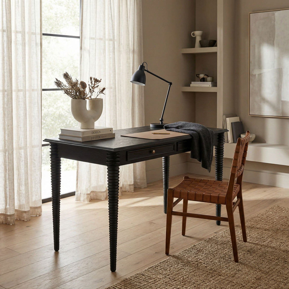 Noir Leonardo Desk Charcoal Black styled in an interior setting
