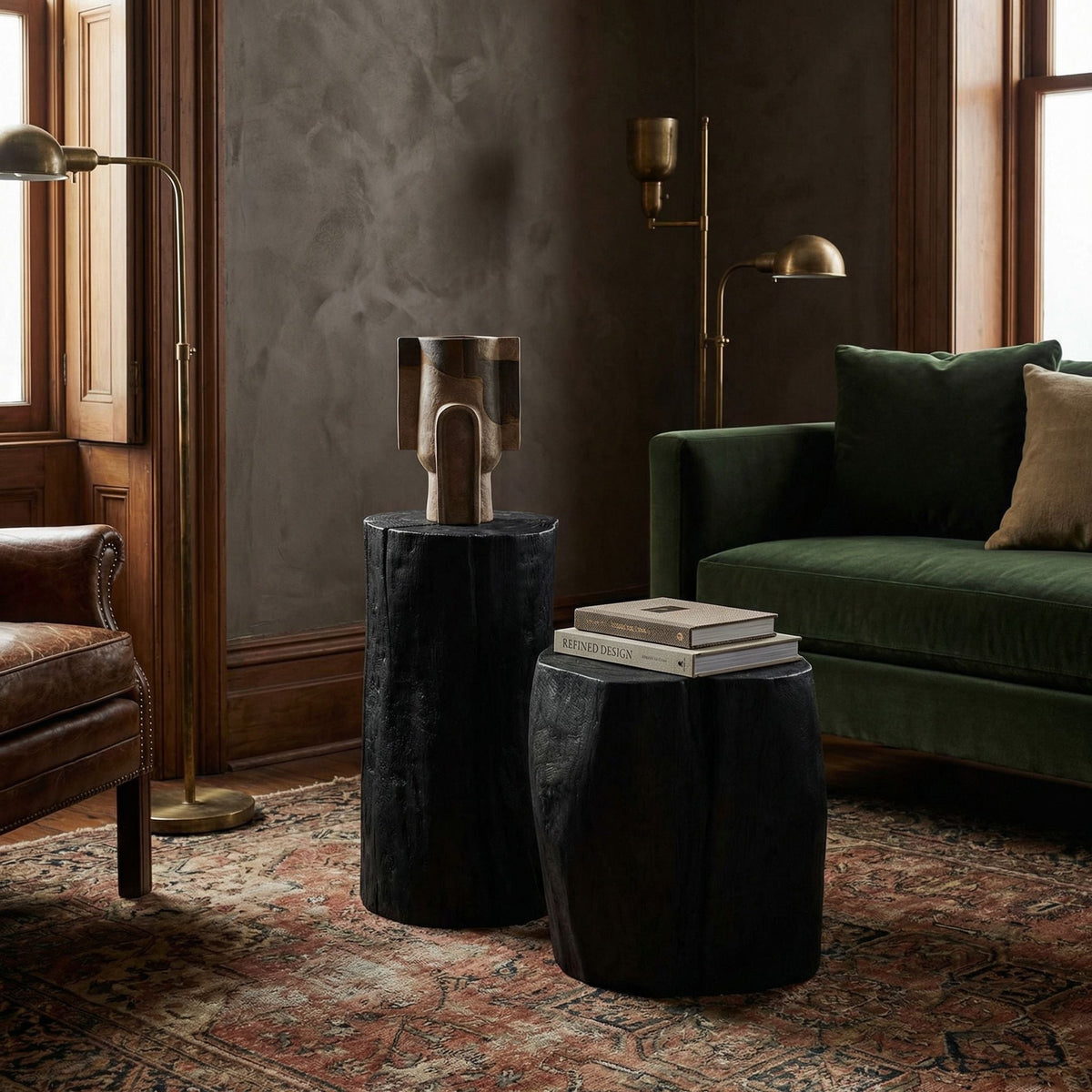 Noir Budi Side Table Burnt Black styled in an interior setting