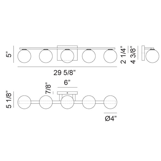 Matteo Lighting Nimbus 30" 5-Light Bath Vanity Light – line drawing with dimensions