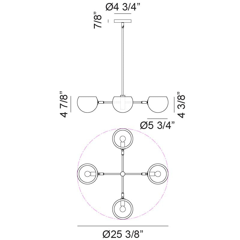 Matteo Lighting Orb 25" 4-Light Chandelier – line drawing with dimensions