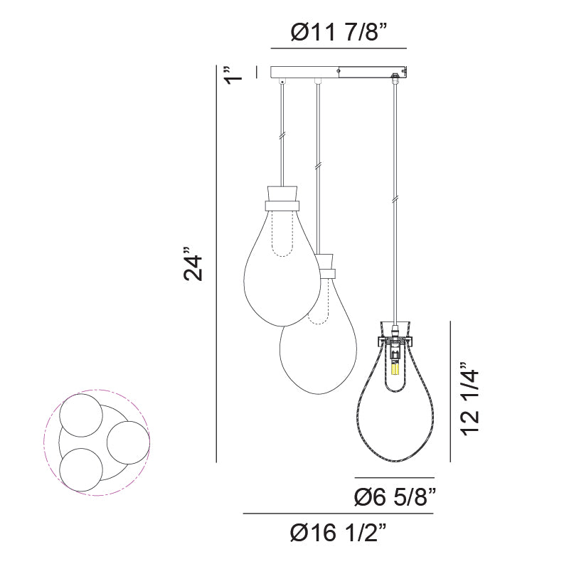 Matteo Lighting Seranna 17" 3-Light Pendant – line drawing with dimensions