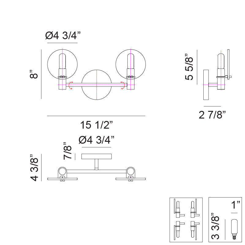 Matteo Lighting Cloudburst 16" 2-Light Bath Vanity Light – line drawing with dimensions