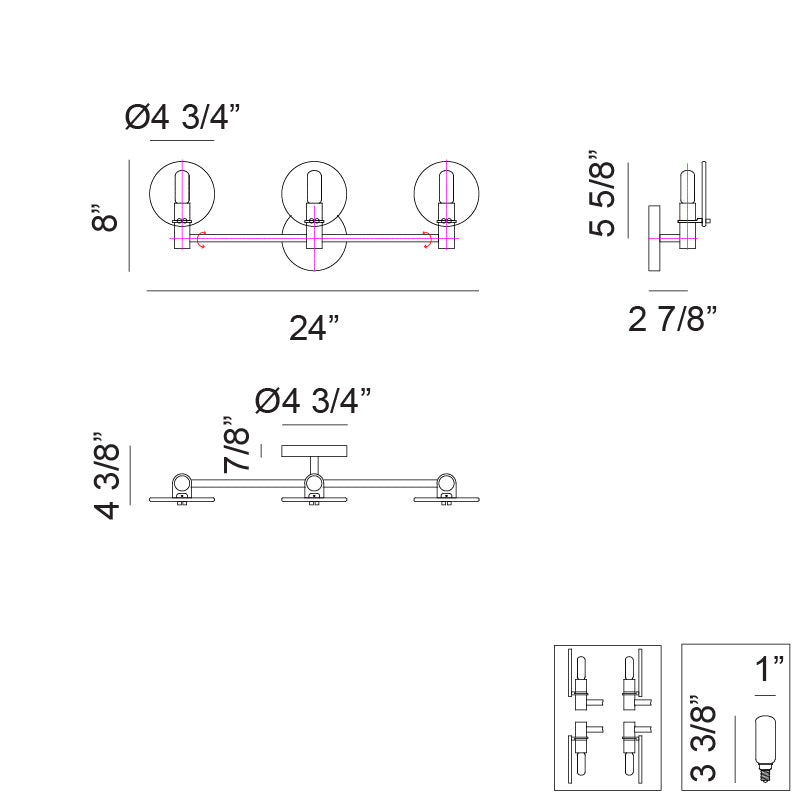 Matteo Lighting Cloudburst 24" 3-Light Bath Vanity Light – line drawing with dimensions