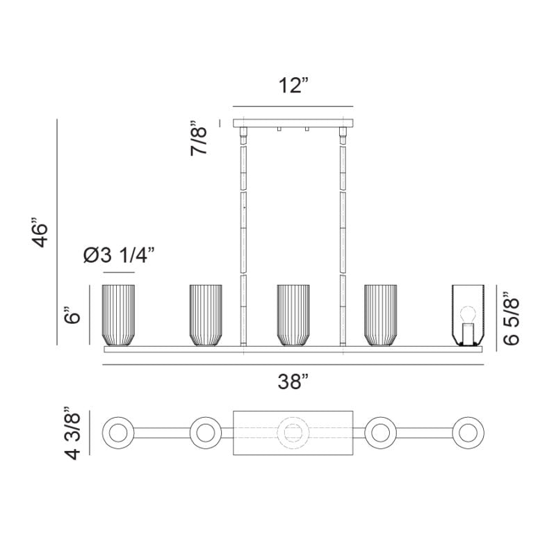 Matteo Lighting Westlock 38" 5-Light Linear Chandelier – line drawing with dimensions