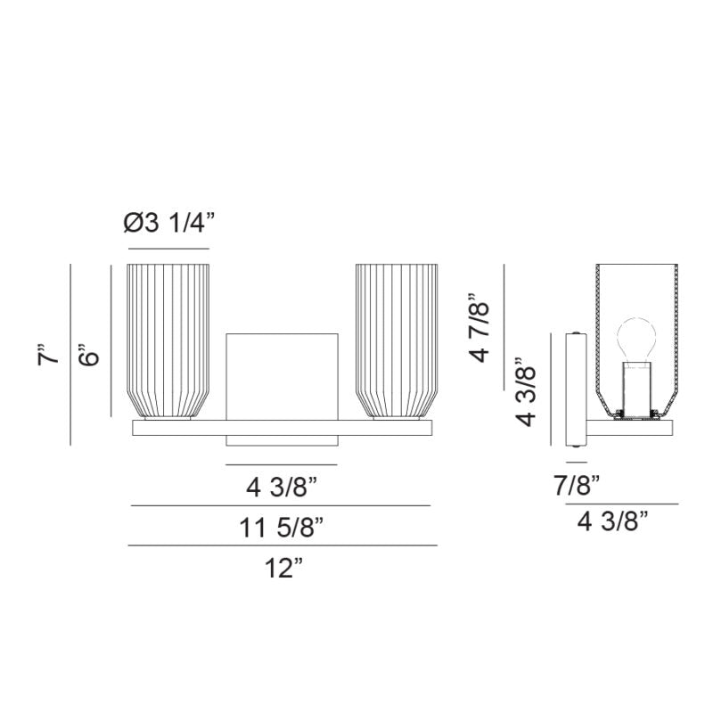 Matteo Lighting Westlock 12" 2-Light Bath Vanity Light – line drawing with dimensions