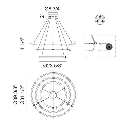 Matteo Lighting Inkara 39" 3-Ring LED Chandelier – line drawing with dimensions