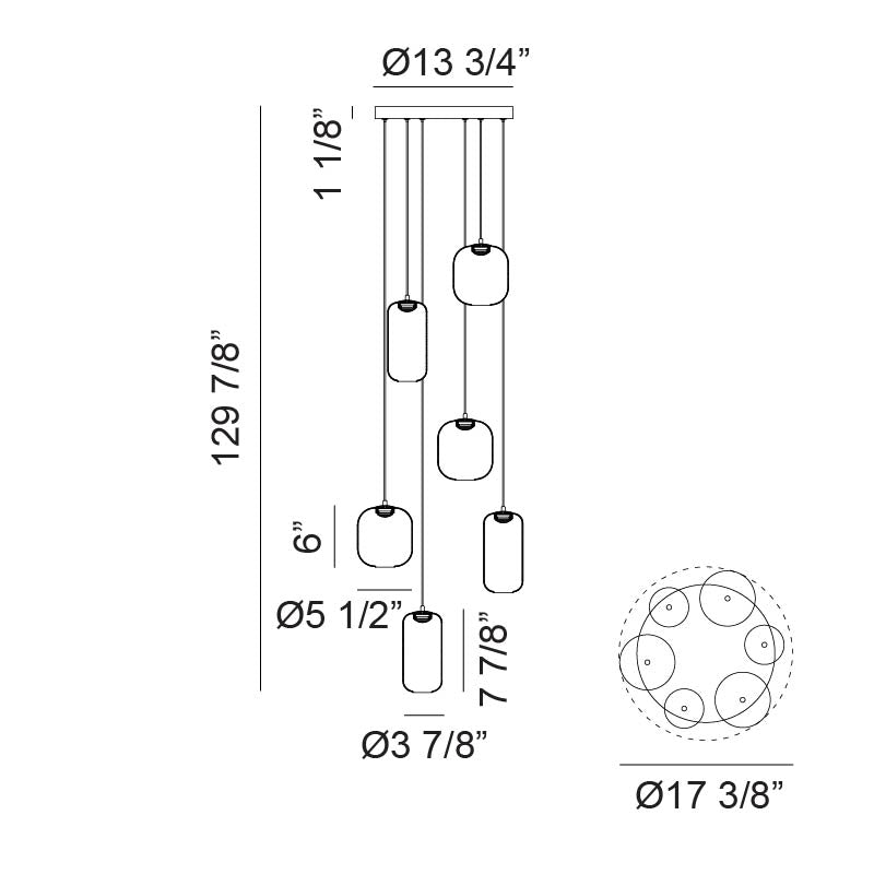 Matteo Lighting Refrax 17" 6-Light LED Chandelier – line drawing with dimensions
