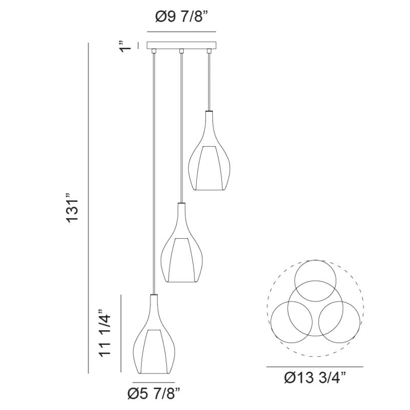 Matteo Lighting Jericho 14" 3-Light Pendant – line drawing with dimensions