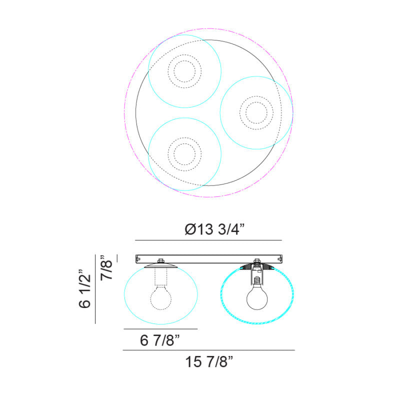 Matteo Lighting Bulbus 16" 3-Light Flush Mount – line drawing with dimensions