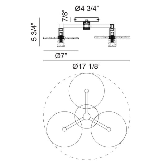 Matteo Lighting Monument 17" 3-Light Flush Mount – line drawing with dimensions