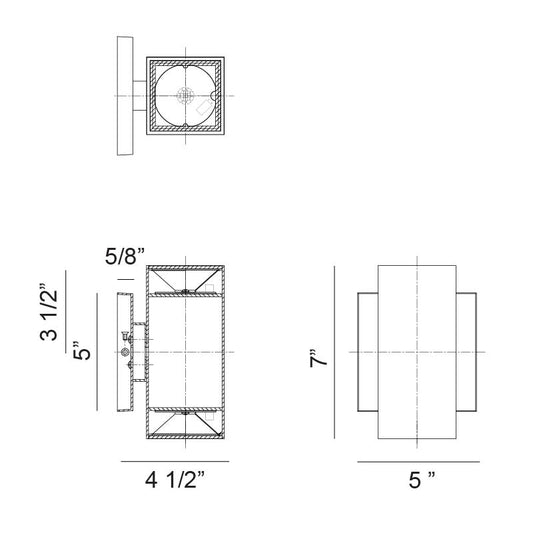 Matteo Lighting Kubular 7" 2-Light LED Outdoor Wall Sconce – line drawing with dimensions