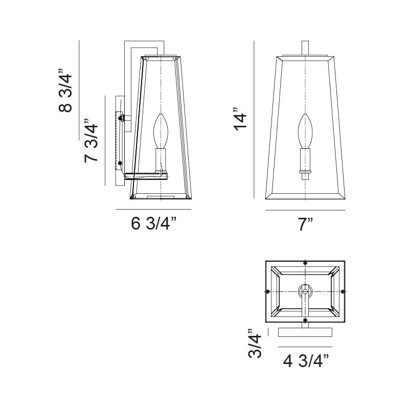 Matteo Lighting Aviv 14" Outdoor Wall Lantern – line drawing with dimensions