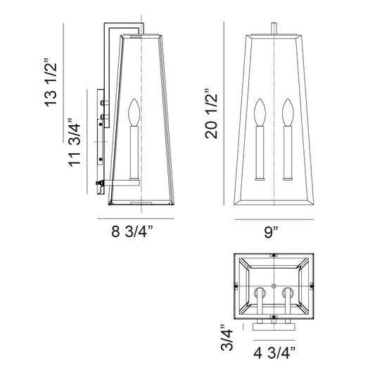 Matteo Lighting Aviv 21" 2-Light Outdoor Wall Lantern – line drawing with dimensions