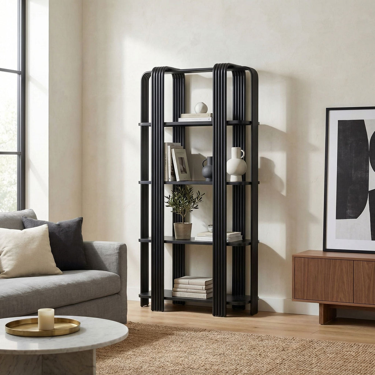 Noir Giza Bookcase Matte Black styled in an interior setting