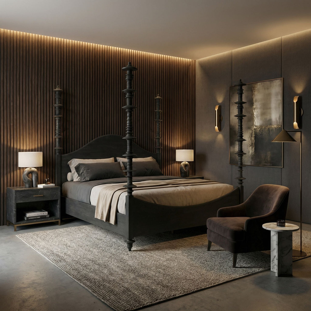 Noir Ferret Bed, Eastern King, Pale styled in an interior setting