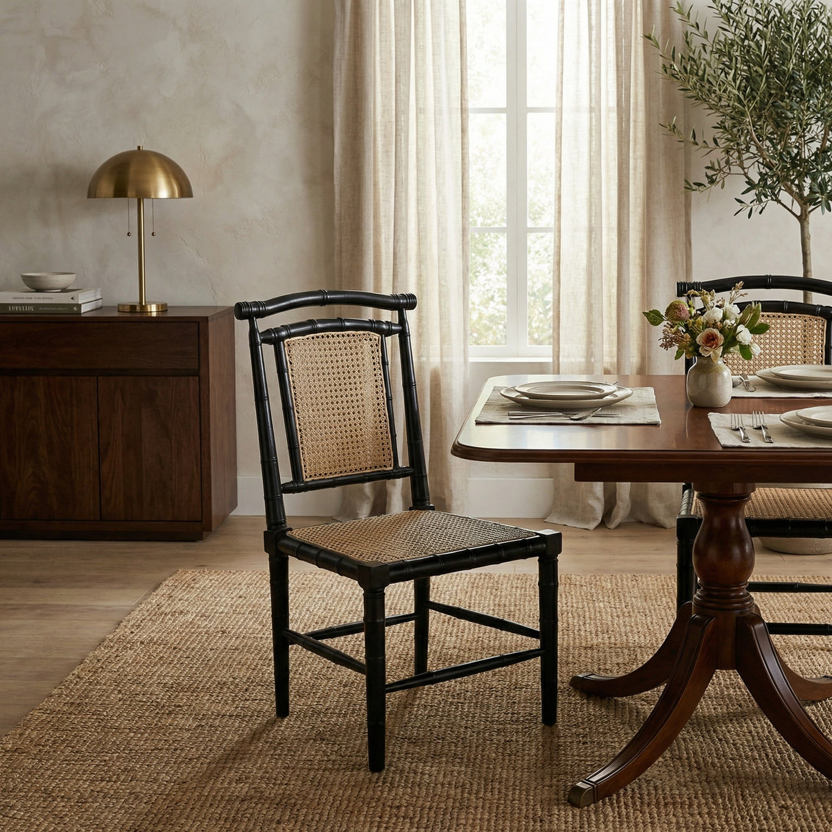 Noir Colonial Bamboo Side Dining Chair Hand-Rubbed Black shown in a styled room setting