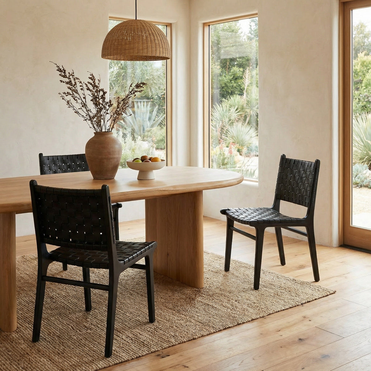 Noir Dede Dining Chair Black in woven leather around an oak dining table on a jute rug