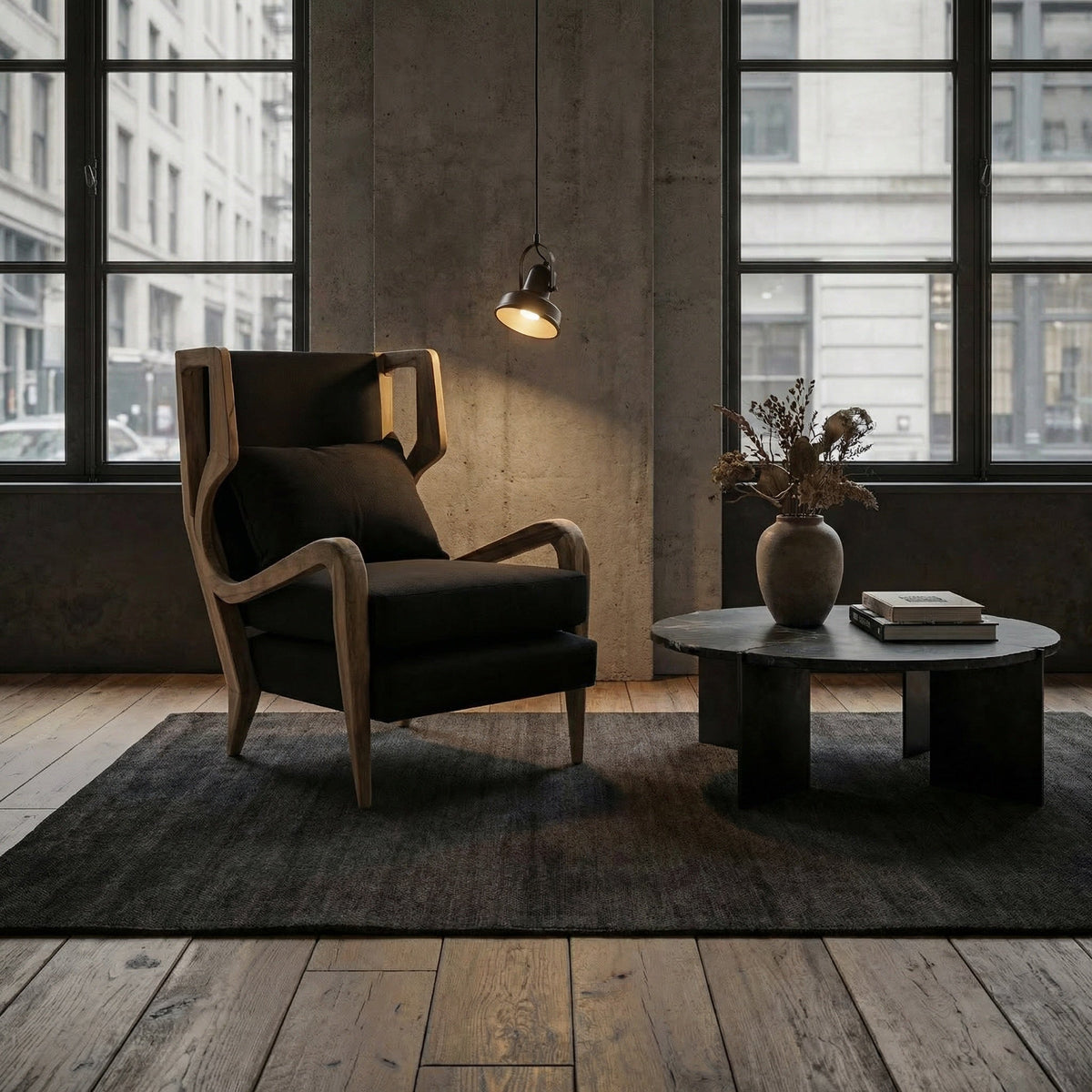 Noir Carol Lounge Chair Natural, Black styled in an interior setting