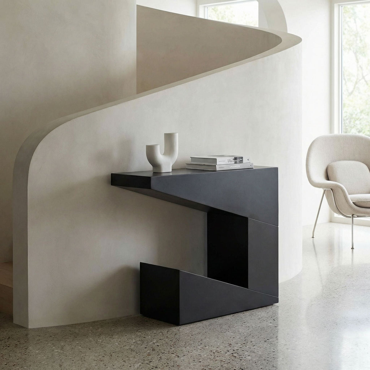 Noir Devo Console Matte Black styled in an interior setting