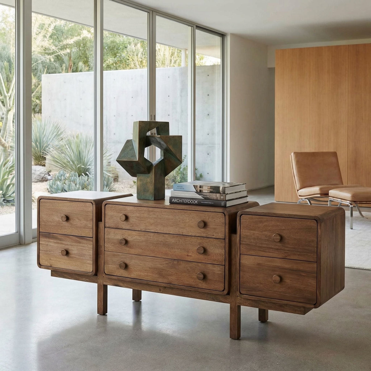 Noir Minsk Sideboard Dark Walnut styled with a bronze sculpture and design books by floor-to-ceiling windows