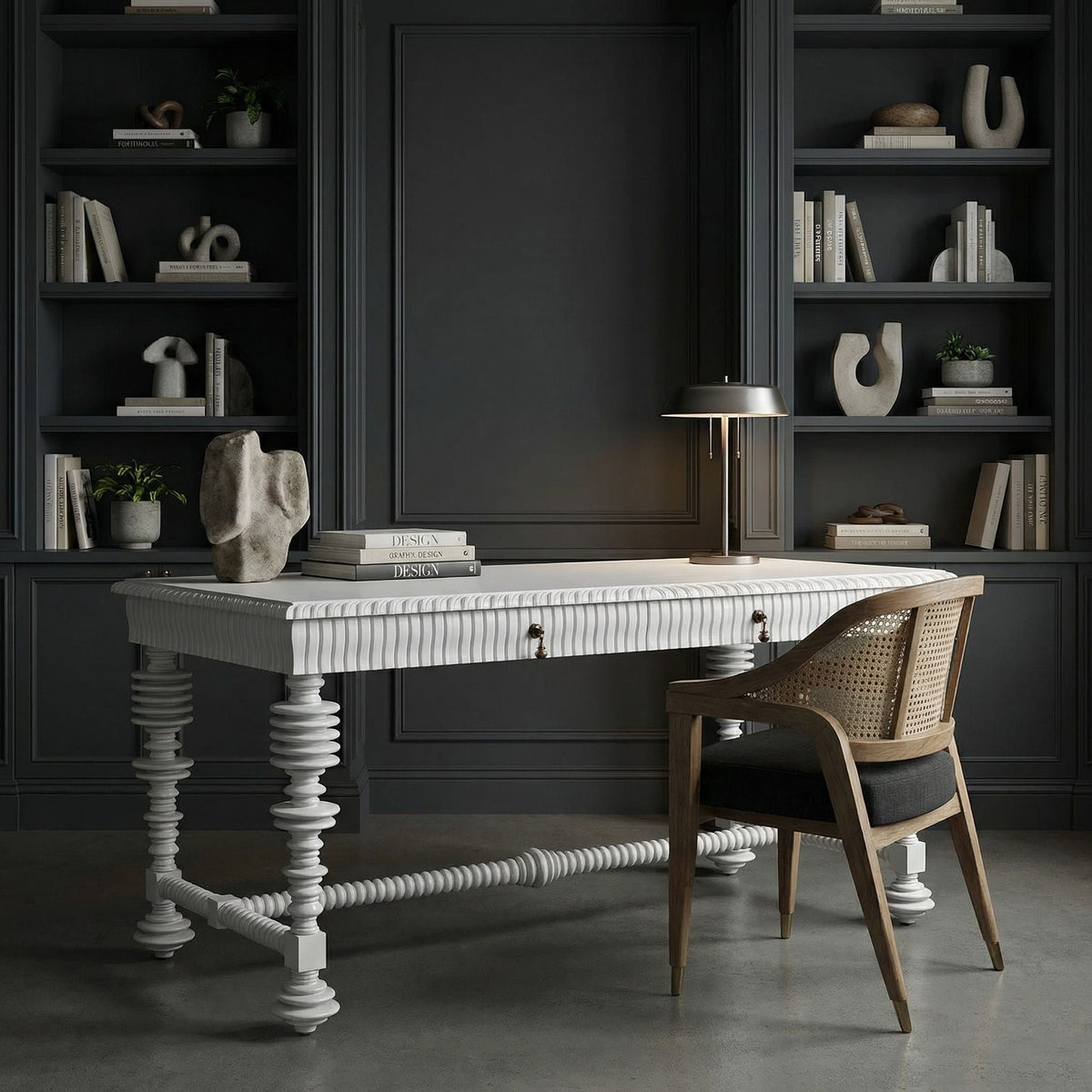 Noir Portuguese Desk Solid White 60 inch styled in an interior setting