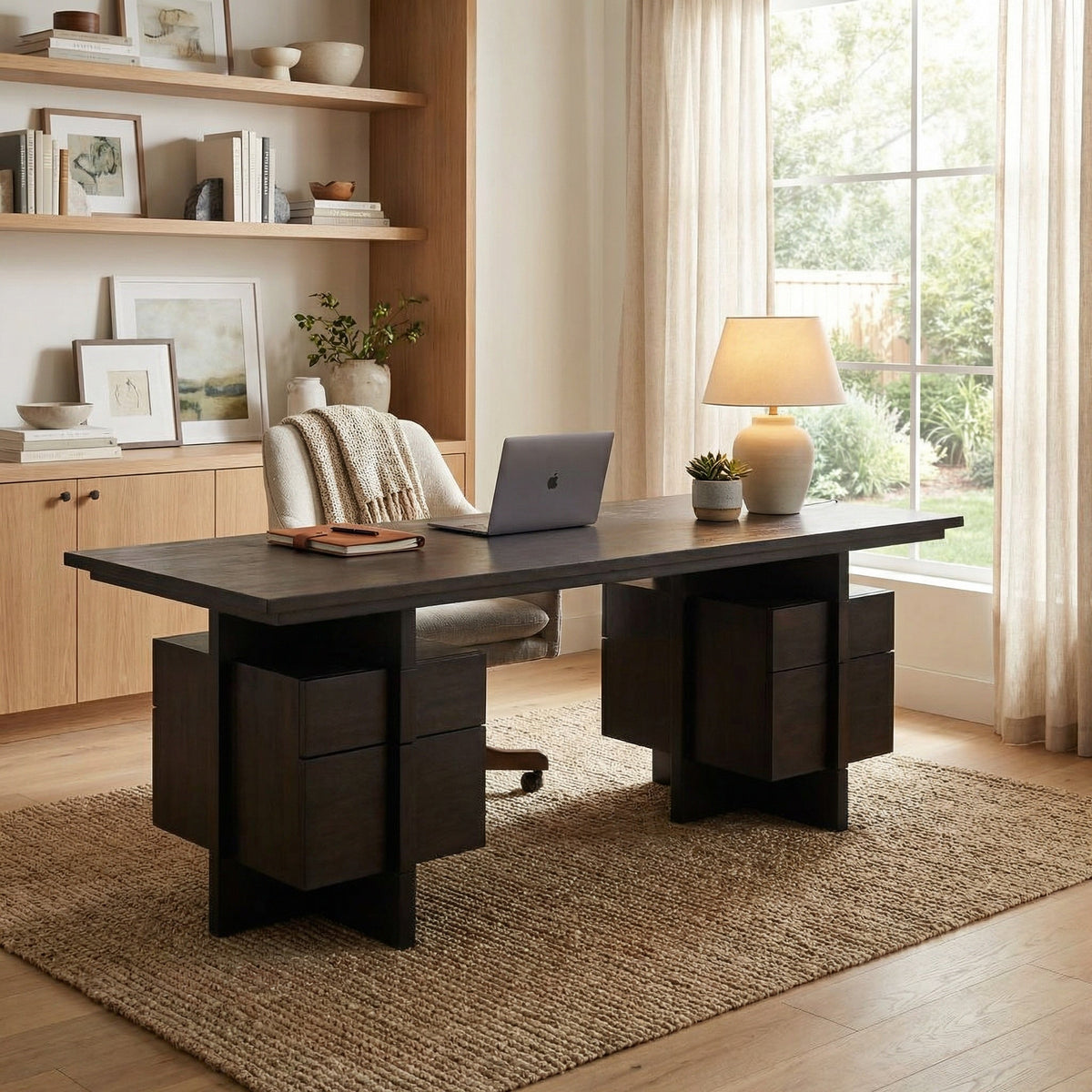 Noir Bridge Desk Ebony Walnut styled in an interior setting