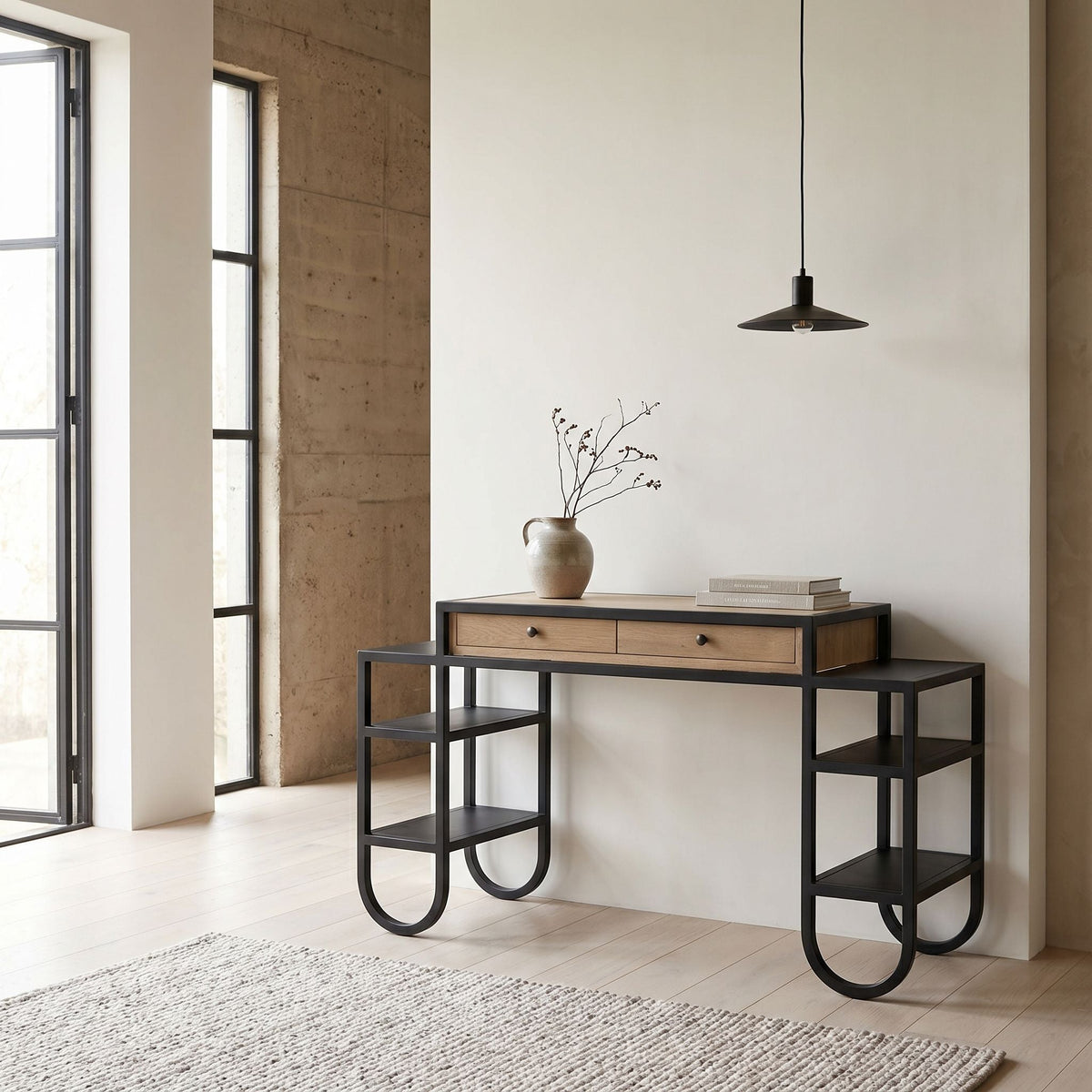 Noir Thomson Desk Matte Black and Natural Oak styled in an interior setting