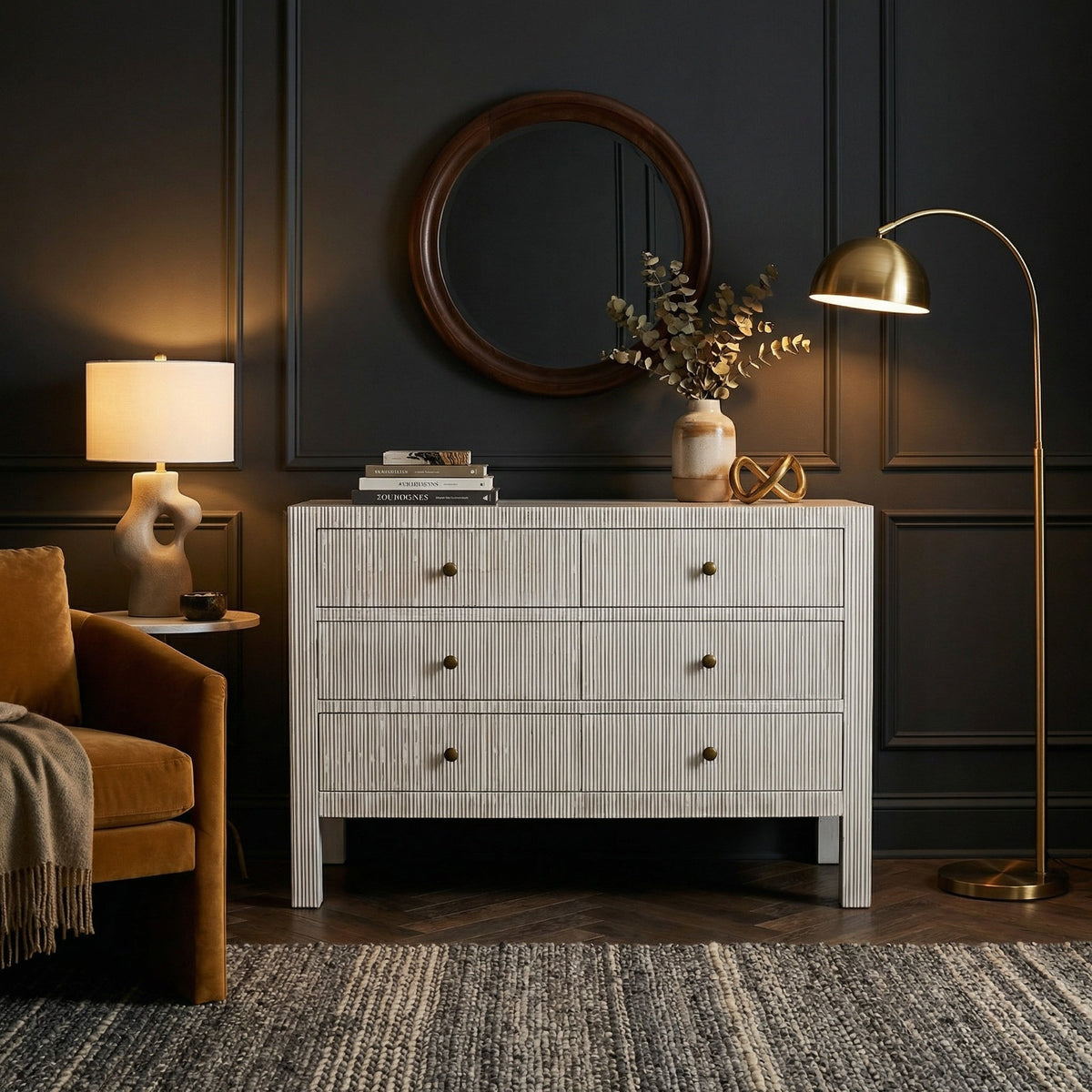 Noir Conrad Dresser White Wash styled in an interior setting