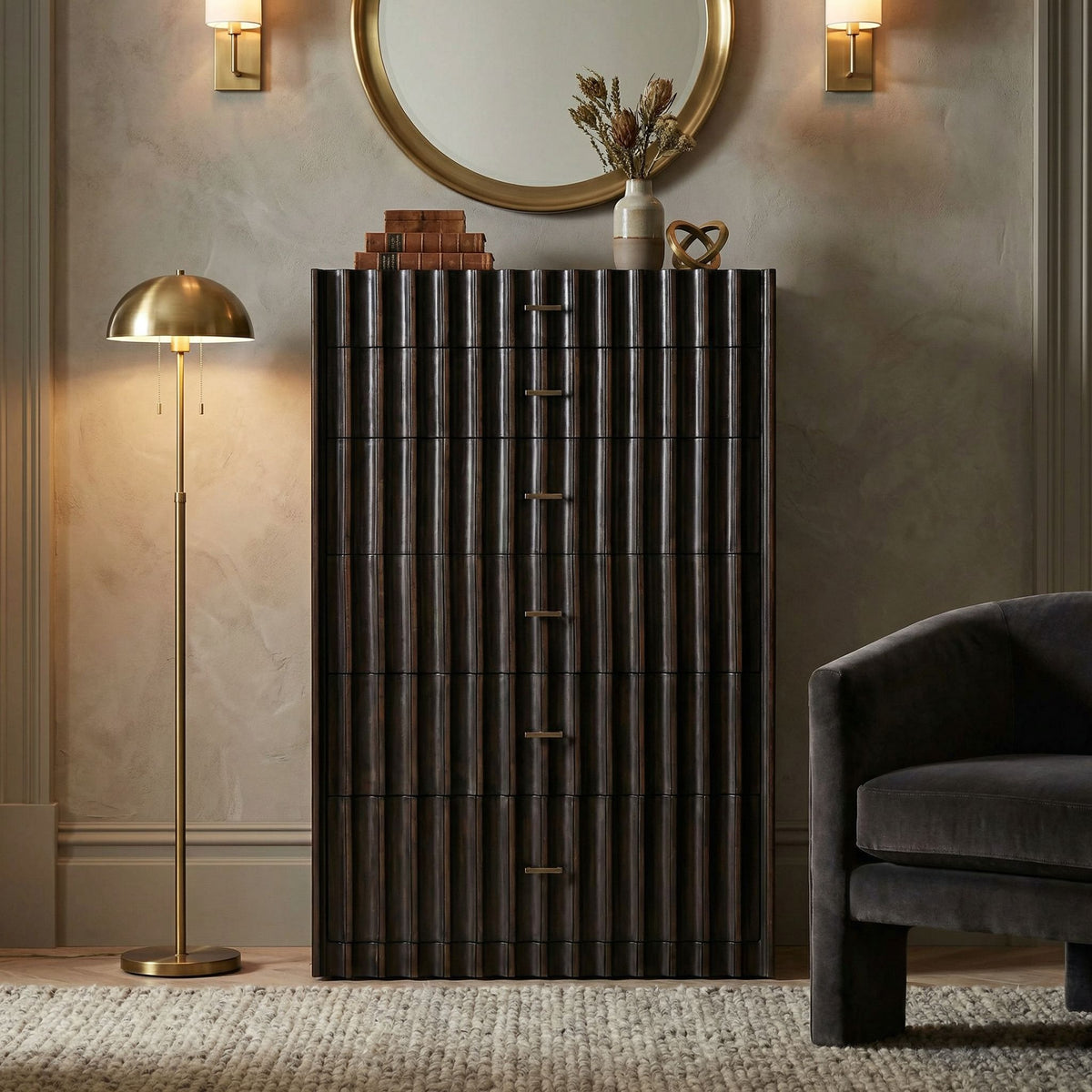 Noir Izzy Tallboy Pale with Light Brown Trim shown in a styled room setting
