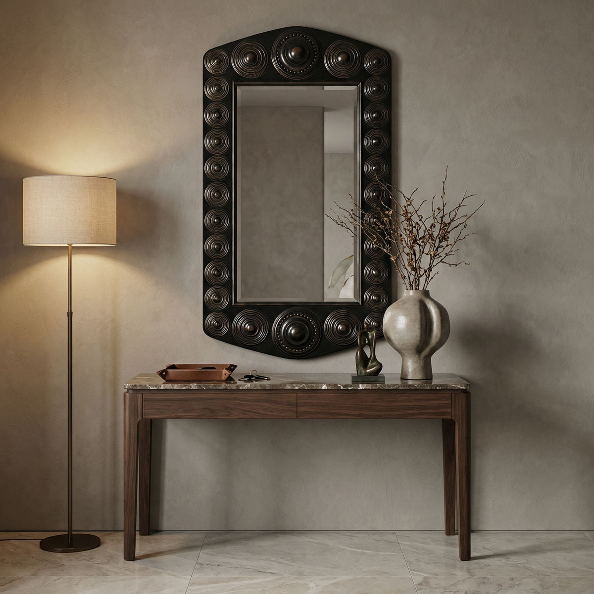 Noir Nanna Mirror Hand Rubbed Black with Light Brown Trim styled in an interior setting
