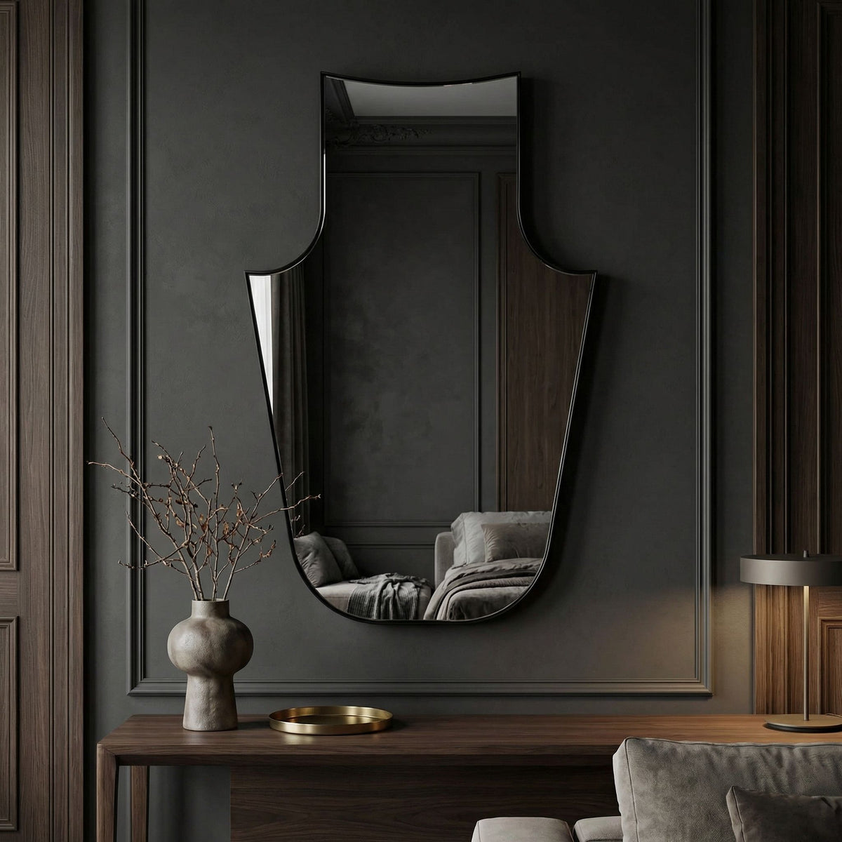 Noir Konstance Mirror Matte Black styled in an interior setting