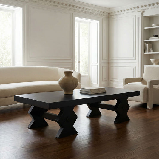 Noir Suzu Coffee Table Hand Rubbed Black styled in an interior setting