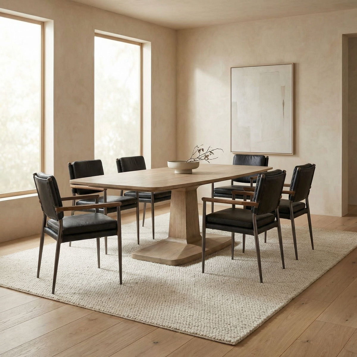 Noir Travis Dining Table Washed Walnut styled in an interior setting