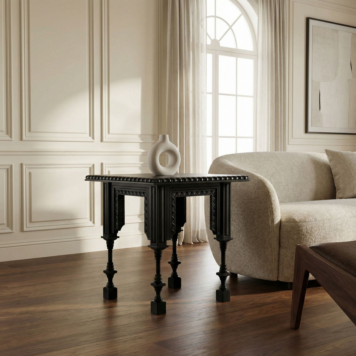 Noir Luxor Side Table Hand Rubbed Black styled in an interior setting