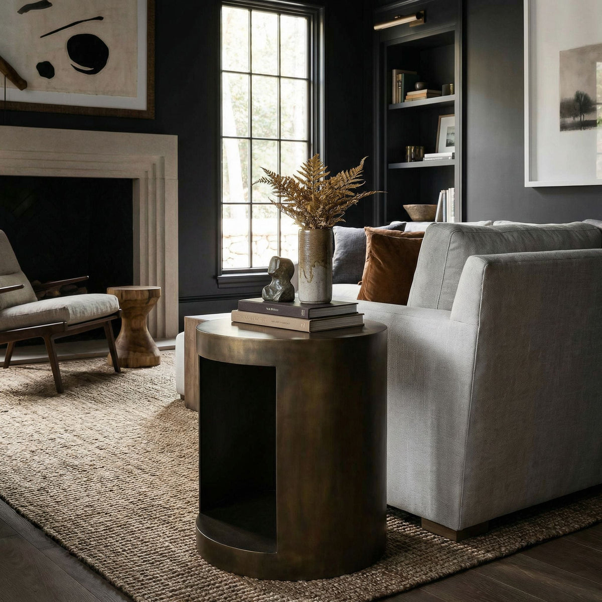 Noir Chrysler Side Table Aged Brass styled in an interior setting