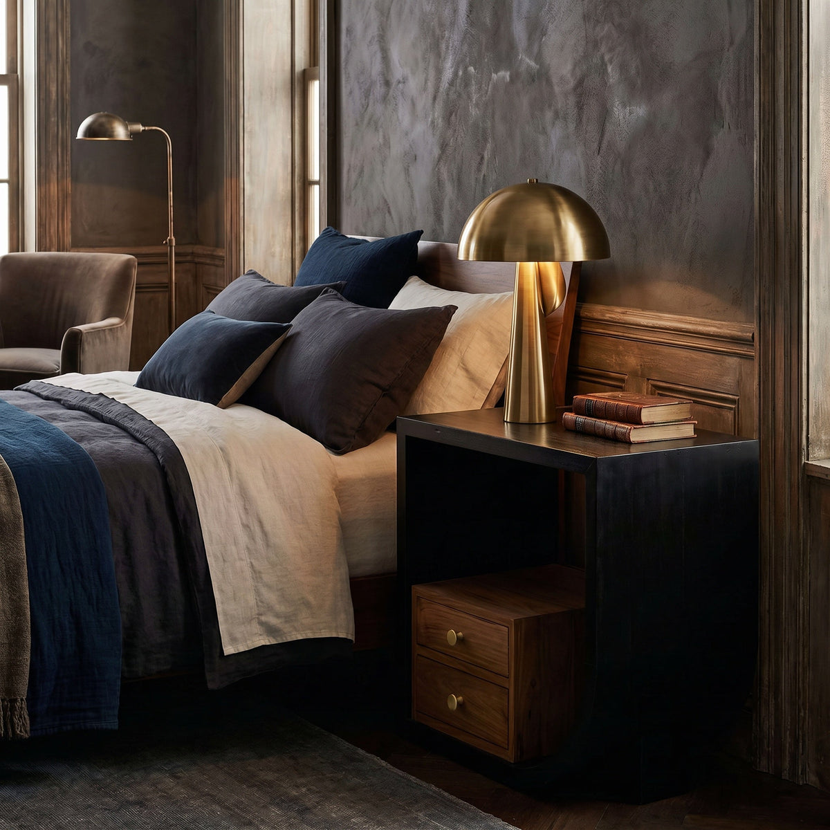 Noir Burton Side Table Hand-Rubbed Black in a styled interior vignette