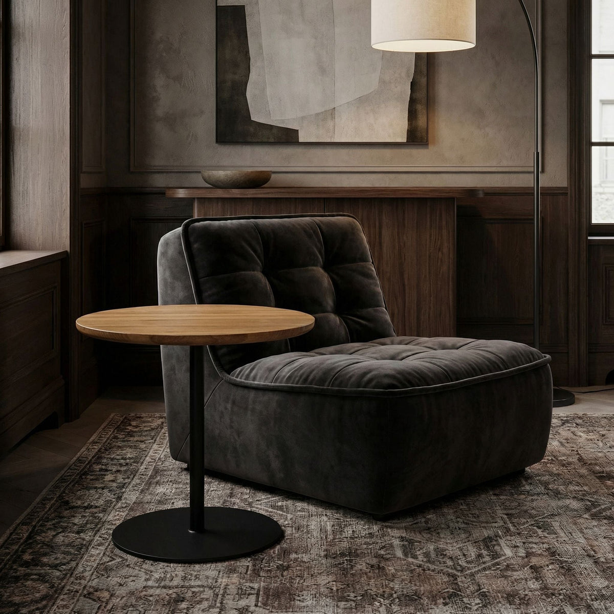 Noir Ford Side Table Gold Teak, Matte Black styled in an interior setting